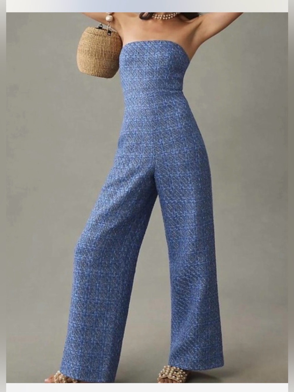 Anthropologie x Mare Mare Blue/Silver Strapless Wide-Leg Tweed Jumpsuit Sz L